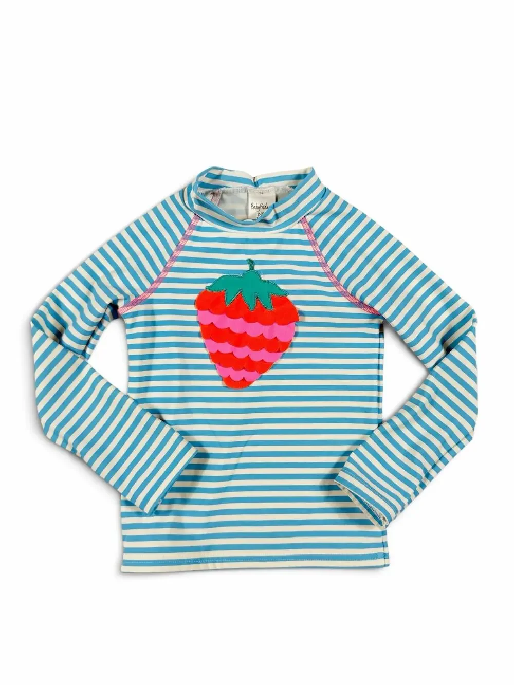 Mini Baby Boden Strawberry Applique Striped Long Sleeve Rash Guard Size 2-3 year